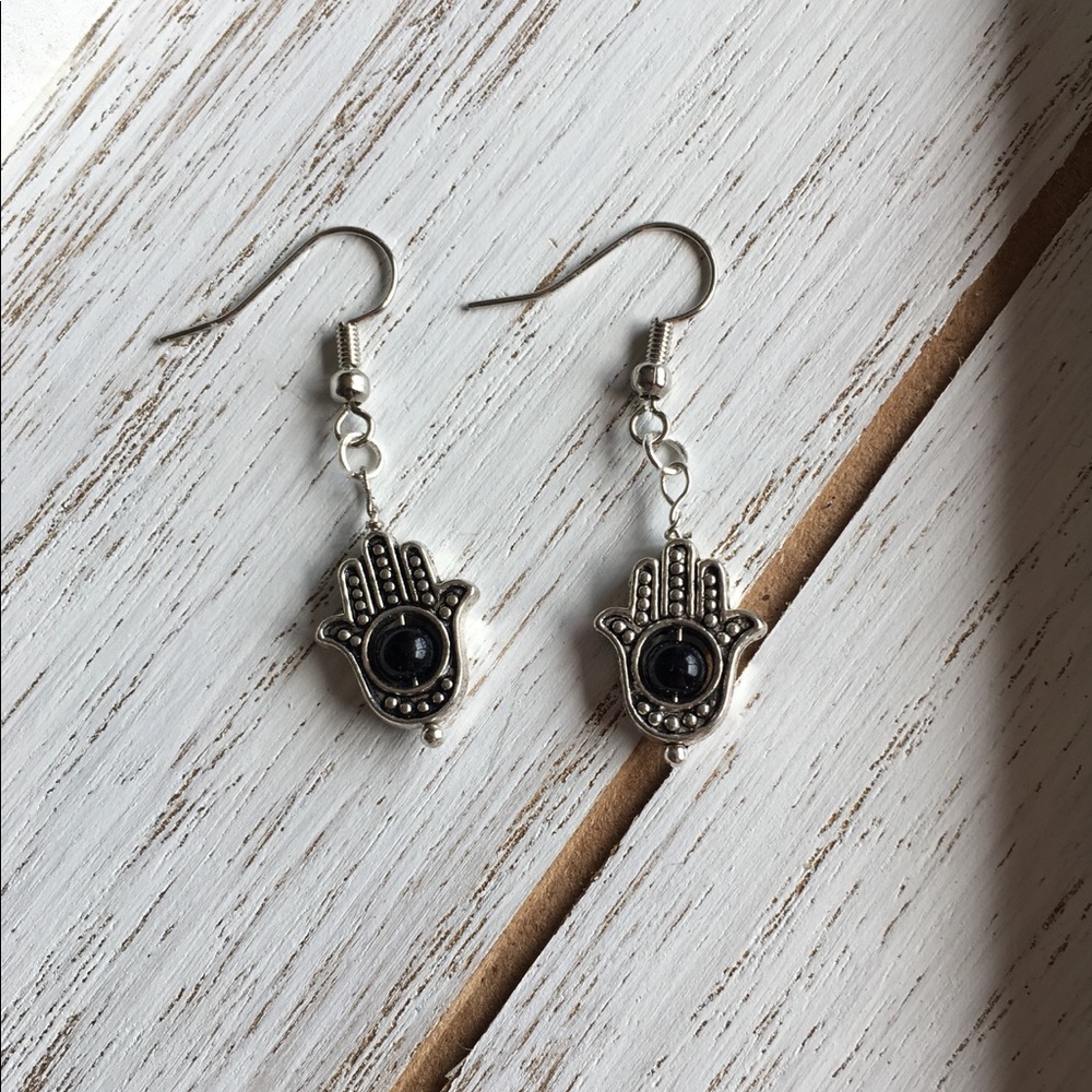 Black Quartz Hamsa Hand Earrings
